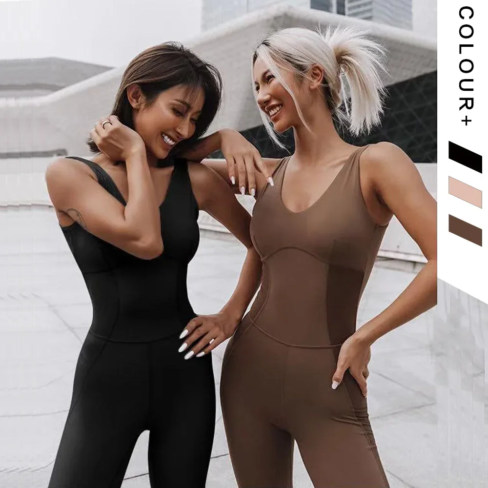 V-neck One-piece Yoga Sets Women Sleeveless Gym Clothing Sports Suit With Padded Back Strap Cross Dance Rompers Fitness Jumpsuit