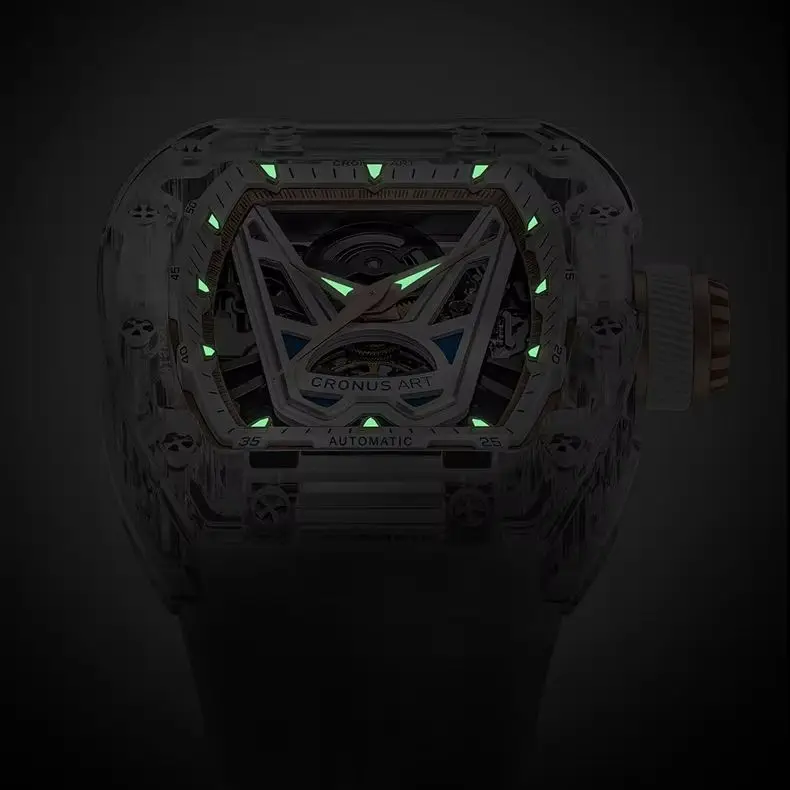 

CRONUSART Мужские автоматические часы 50 мм * 42 мм Tonneau акриловый корпус Механические наручные часы Светящийся ремешок из фторкаучука Циферблат Victory