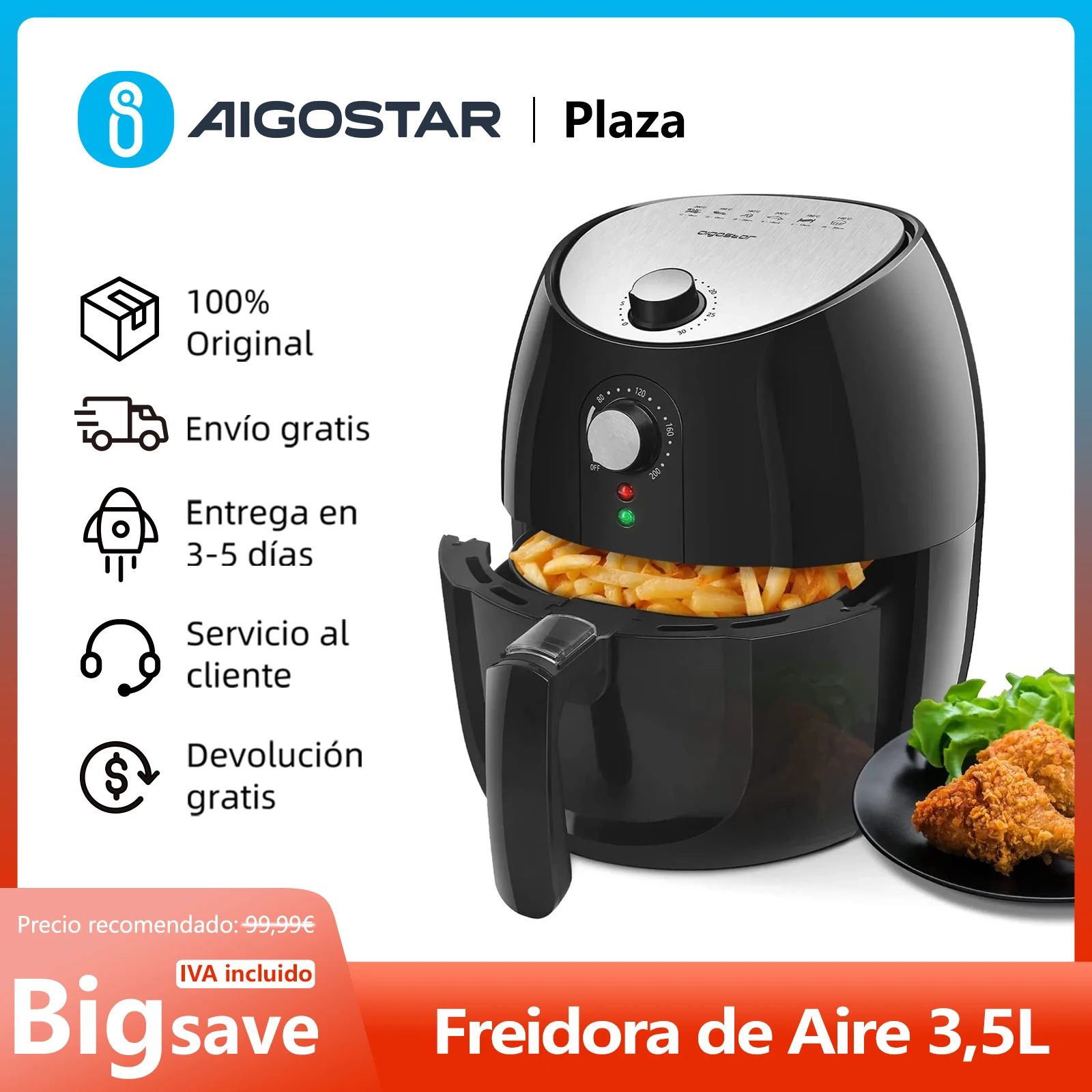 Oil Free Air Fryer, 6 Modes Preconfigured, 3,5 Liter Capacity, Non-stick Removable Basket, Temperature Adjustable 80 ℃ to 200 ℃, 30 Minute Timer, BPA Free, 1500 W