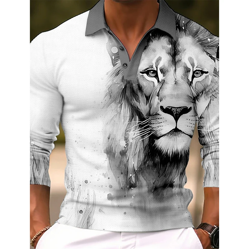 Men's Polo Shirt 3D Print Animal Lion Graphic Turndown Polo Shirts Long Sleeve Plus Size Tshirt For Men Clothes Streetwear