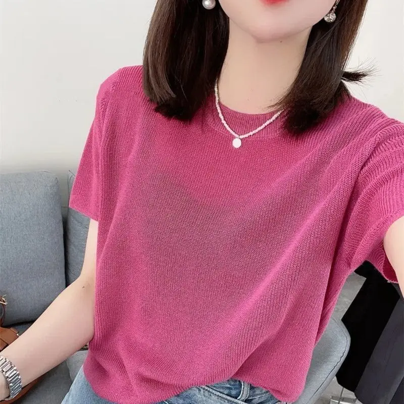 Korean Fashion Round Neck Solid Color Short Sleeved Knitted T-shirt Women\'s Summer New Slim Hollow Out Versatile Pullover Tops