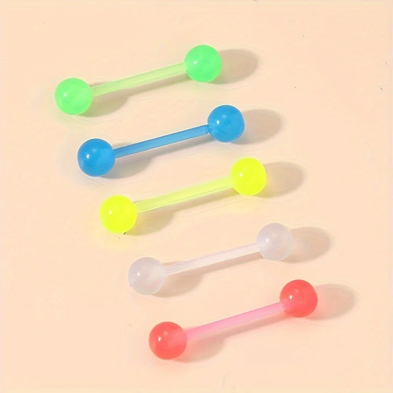5pcs Fashion 5 Color Tongue Nails Acrylic Round Ball Luminous Piercing Tongue Ring Punk Style Body Jewelry Glow