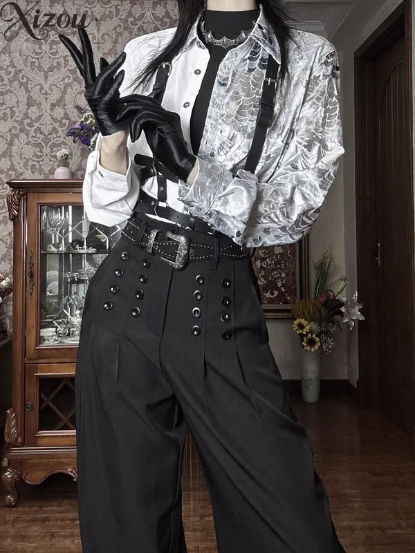 

High Waist Wide Leg Suit Pants Double-breasted Buttons Drape Belted Linen Blend Spring Summer High Street Vintage Unisex Casual