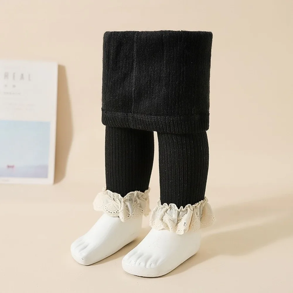 Stylish Fleece Lined Seamless Footless Tights High Waist Lace Trim Elastic Leggings Warm Leggings For Girls