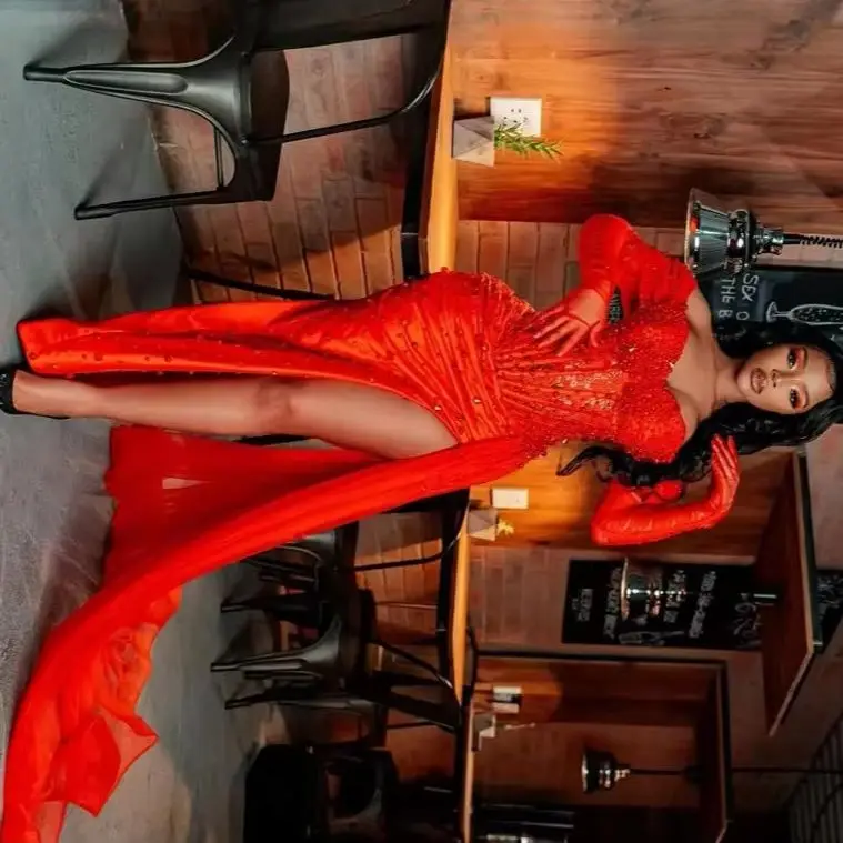

Customized plus Size Aso Ebi Prom Dress off Shoulder Red Pearl Beaded African Gala Evening Gown for Birthday Club Graduation