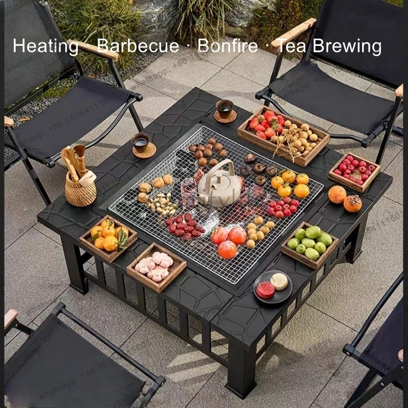 Outdoor Square Barbecue Grill Multi-Functional Barbecue Table Charcoal-Fired Tea-Brewing Table Wood-Burning Stove
