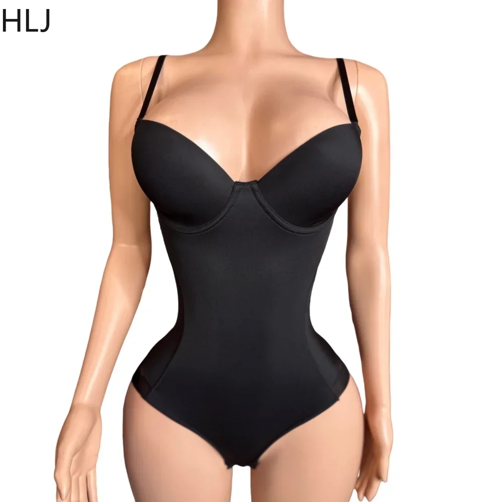 HLJ Sexy Solid V Neck Spaghetti Strap Slim Bodysuits Women Sleeveless Backless High Stretchy Bodycon Rompers Female Clubwear