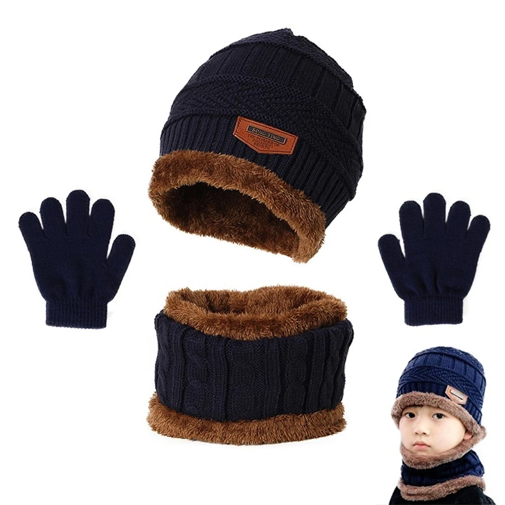 

3PCS Boys Girls Winter Beanie Hat Scarf Gloves Outfit For Toddler Knit Baby Thick Warm Fleece Lined Thermal Sets 1-5 Years