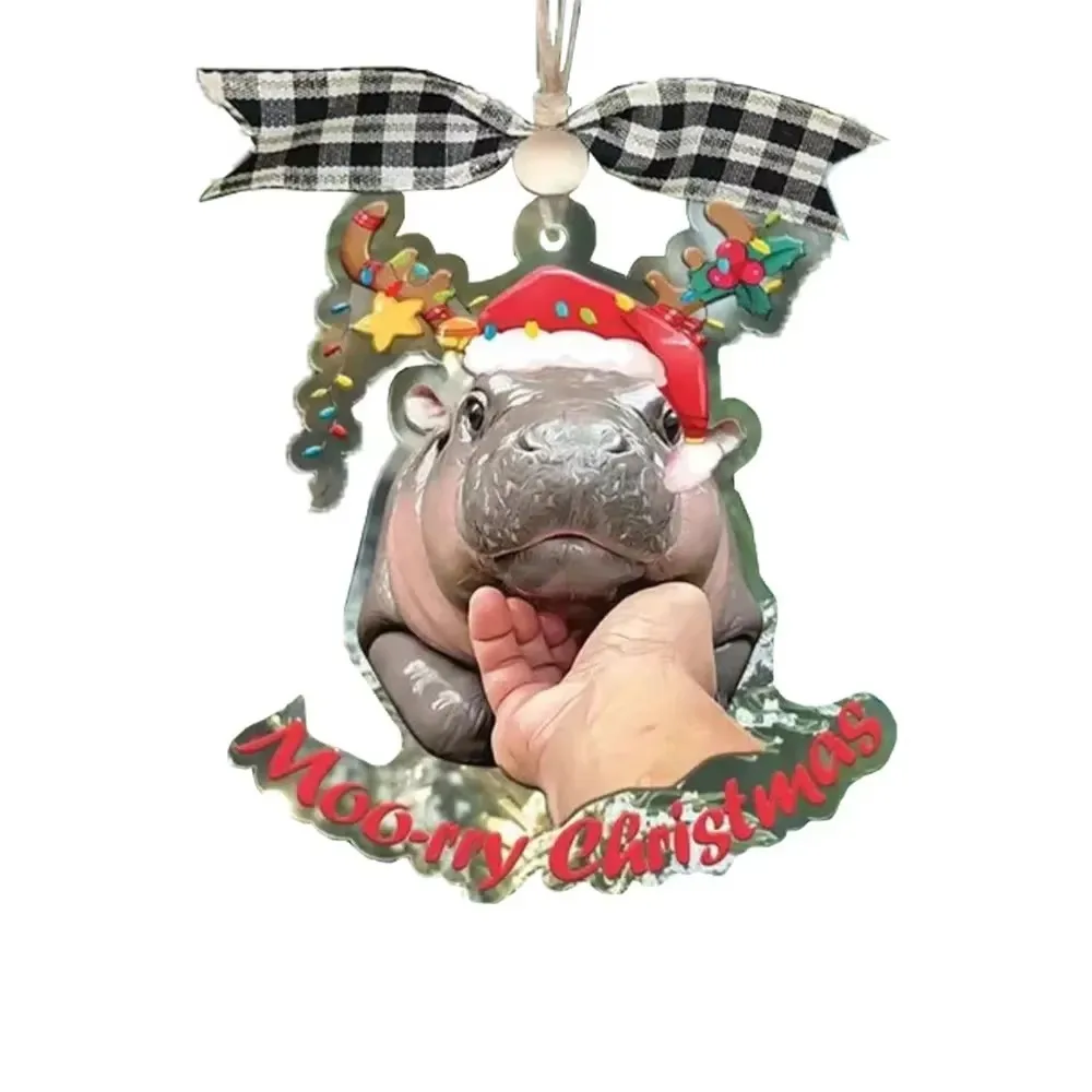 

New Cartoon Moo Deng Christmas Hippo Resin Figurine 2D Kawaii Xmas Tree Pendant Moo Deng Toy Pygmy Moo Deng Hanging Decoration
