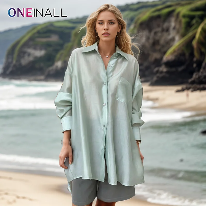 ONEINALL Solid Casual Patchwork Pockets Blouses For Women Lapel Long Sleeve Spliced Single Breasted Sheer Blouse Female Autumn