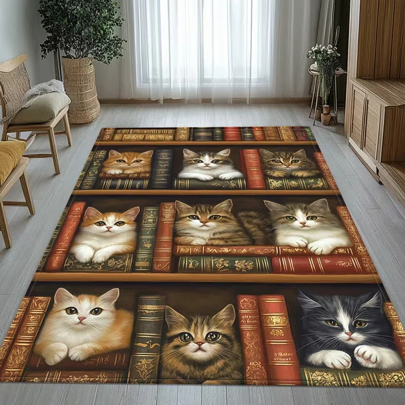 Cats Bookshelves HD Printed Carpet Living Room Bedroom Study Room Rug  Hallway Porch Floor Mat  Indoor Entrance Door Mat