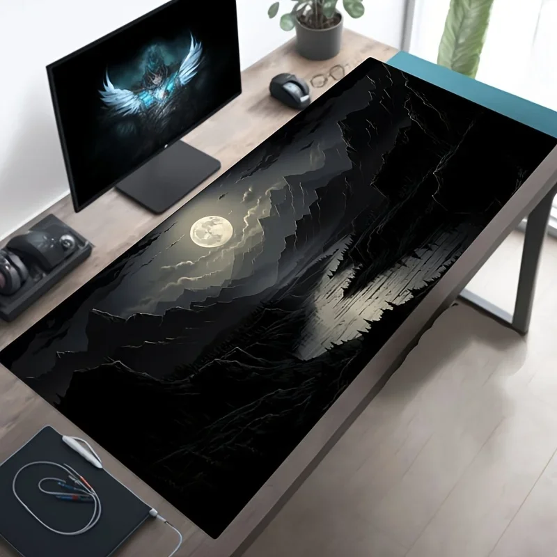 Japanese Red Sunset Cherry Blossom Extended Mouse Pad, Mountain Lake Landscape Non‑Slip Stitched Gaming Desk Mat