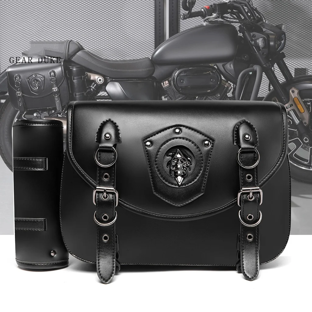 Retro Stitched Shield Motorcycle Side Bag with Dual Straps and Adjustable Secure Design, Durable Tool Storage Pouch