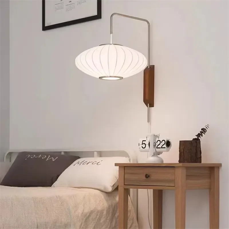 Japanese Wall Lamp White Silk Swing Arm Wall Lamp for Bedroom Bedside Lamp Hotel Restaurant  Vintage Reading Loft Decor