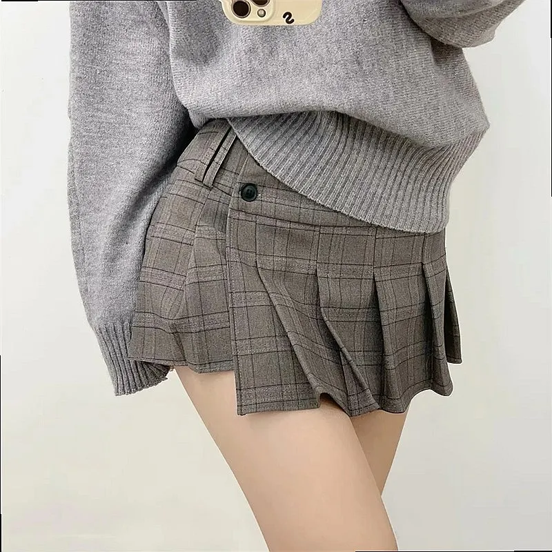 Vintage Plaid High Waist Skirts Irregular Pleated Mini Skirts Short Skirts Spring Summer