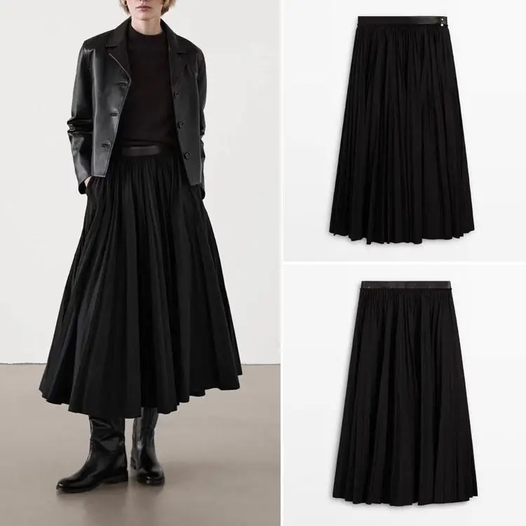 

Fall New Arrival Women's Mid-Waist Leather Splice Bla Pleated Skirt Street Sle Loose Fit A-Line Skirt