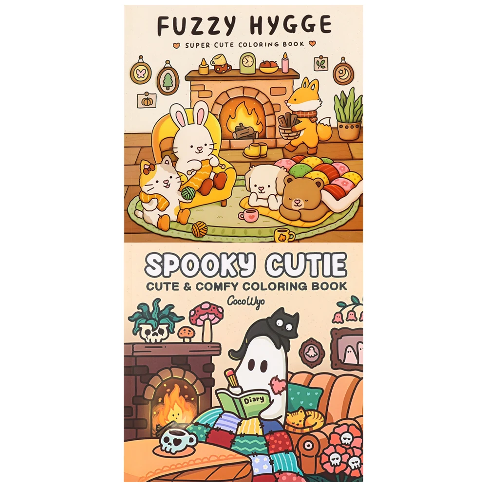 2-Pack Cute & Cozy Coloring Books, Spooky Halloween and Cozy Animal Coloring Book Set, Relaxing Creative Art Activity Books for