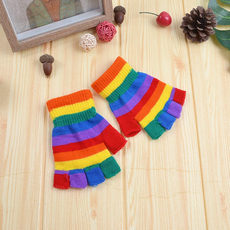 3-8 Years Cute Kids Rainbow Gloves Winter Children Knitted Mittens Keep Warm Students Full Finger Glove Outdoor Activity Mittens