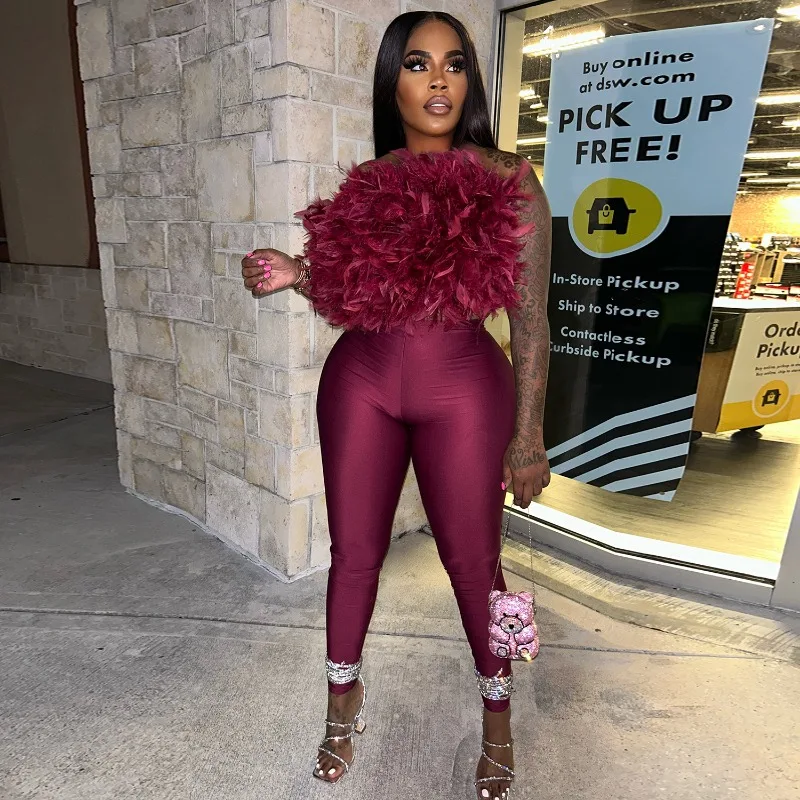 

Женский модный сексуальный комплект из 2 предметов: топ-бюстье без бретелек с перьями + облегающие брюки, костюм для вечеринок, ночных клубов, уличная одежда