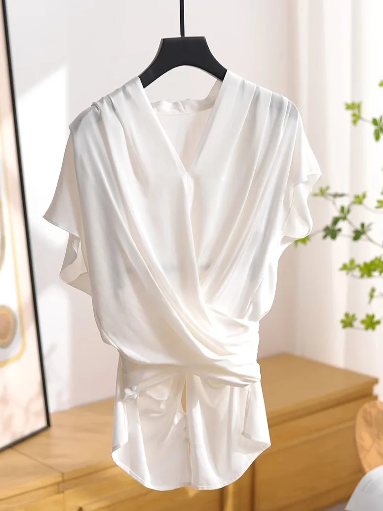 

Шелковый топ с перекрестными складками и плиссировкой, с завышенной талией, красивый, оригинальный дизайн, свободный крой, летний, тонкий, с коротким рукавом, V-образный вырез.