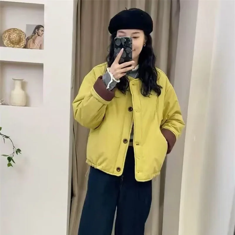 New 2025 Women's Cotton Coats Parka Korean Fashion Cuff Contrasting Splicing Cotton Jacket Winter Thicken Jacket Top Female