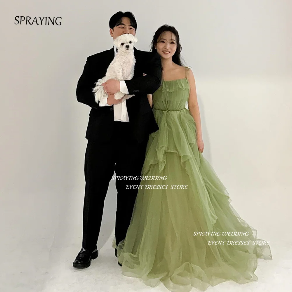 

SPRAYING Ruffles Green Korea A-line Wedding Party Dresses 2025 Simple Elegant Spaghetti Strap Floor Bridal Gown Photos Shoot