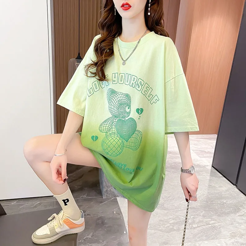 

Korean Loose Fashion Tie Dye Gradient Color O-neck Short Sleeve T-Shirt Women Trend Cartoon All-match Appear Thin Casual Tops