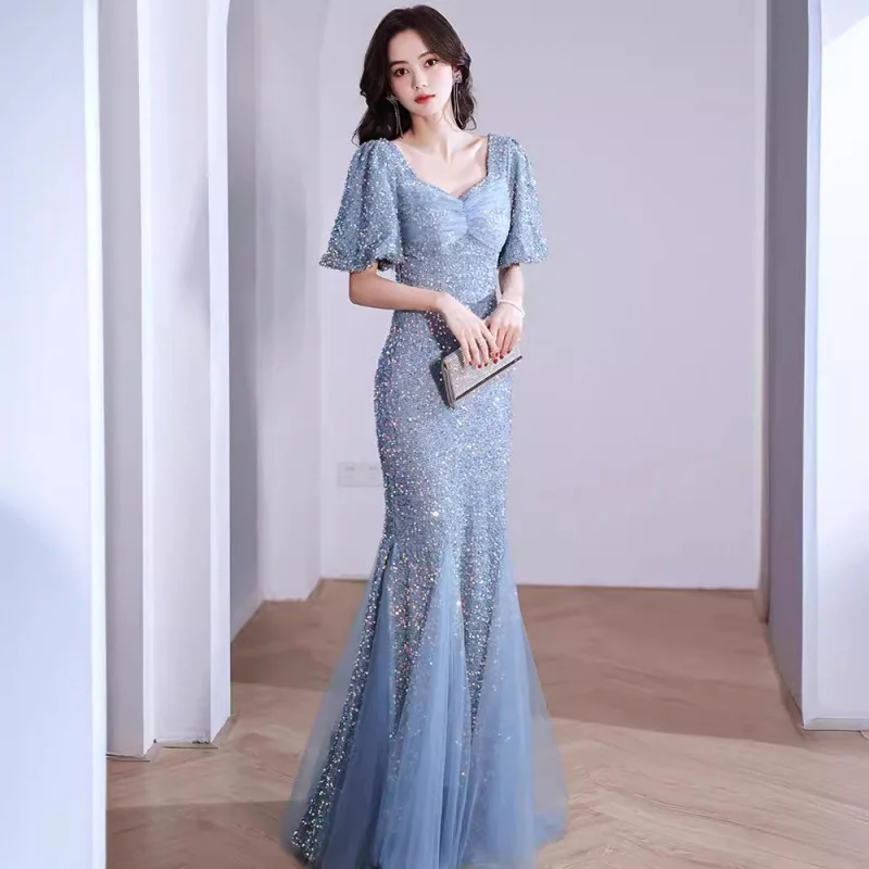 

Blue Evening Gown for Women 2024 New Ladies Banquet Elegant Fishtail Host Dress Annual Meeting