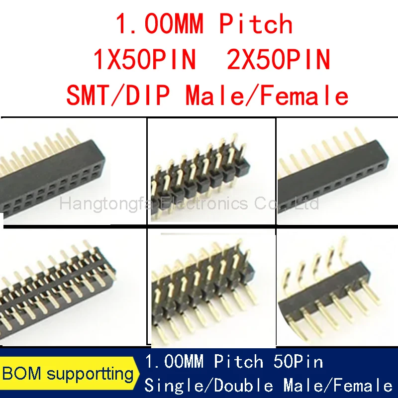 5pcs 1mm 1.0mm Pitch Gold Plated 50P 1x50 2x50 Pin Female Male Header Strip Double Single Row Right Angle SMT Straight Connector