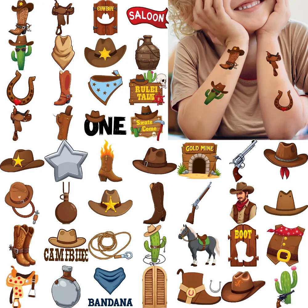

63pcs Temporary Tattoo Saddle Cartoon West Cowboy Horseshoe Cowboy Boot Temporary Tattoo Stickers Cowboy Hat For Cheeks Arms