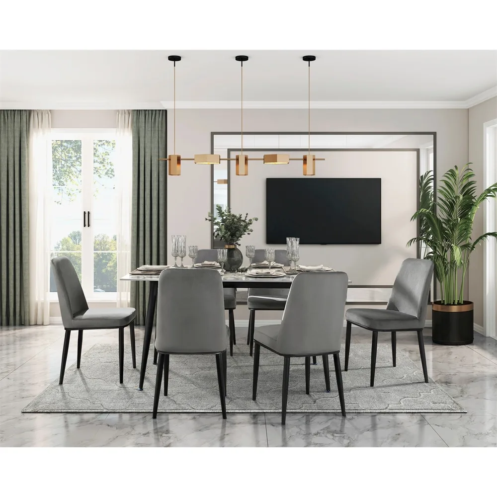 Sleek Design Gray Velvet Side Chairs Set of 2 Modern Dining Furniture Black Metal Legs Gray Velvet Side Chair