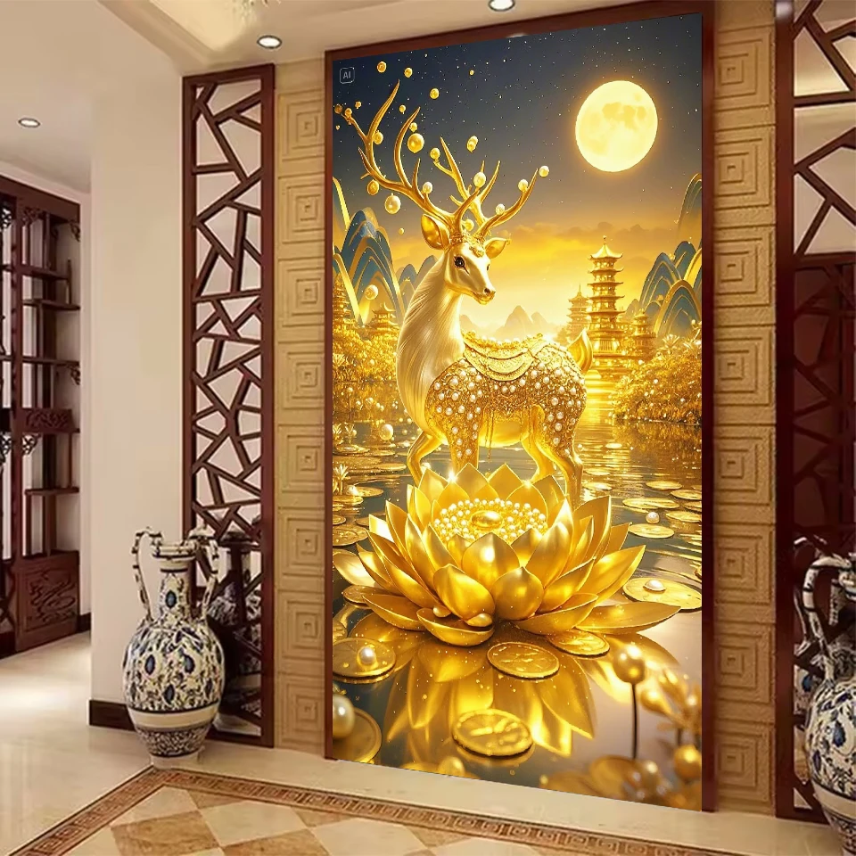 

Large Size New Diamond Painting Cross Stitch Gold Deer 5D DIY Diamond Embroidery Landscape Rhinestone Mosaic Decoration Gift