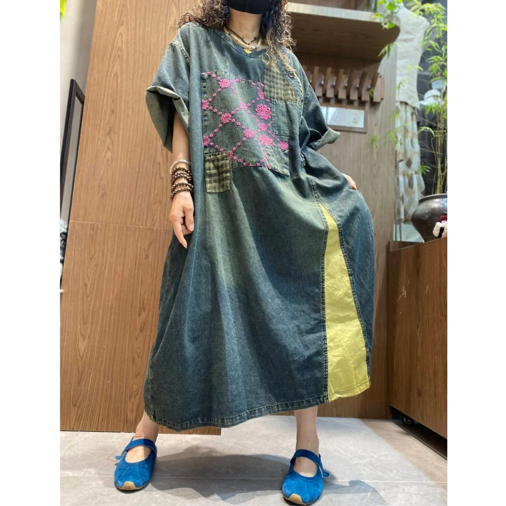 

Embroidered Patchwork Contrast Color Denim Dress Women Mid-Length Loose Vintage Style Plus Size Dress XY333