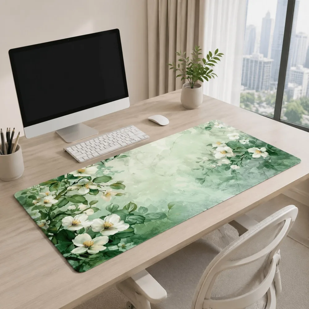 Floral-printed simple table mat with silicofluorite surface and unsewn edges is suitable for office workers and students