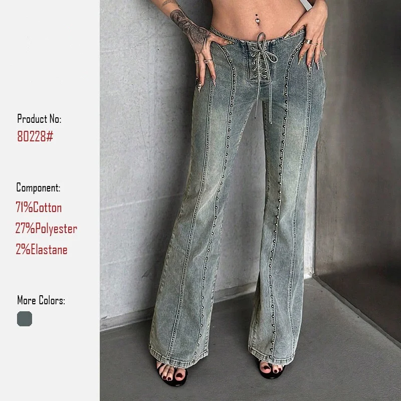 Women's Retro Nailhead Belted Mid-Waist Slimming Straight Sexy Sexy Jeans Long Pants with Buckle Detailing for Women Trousers