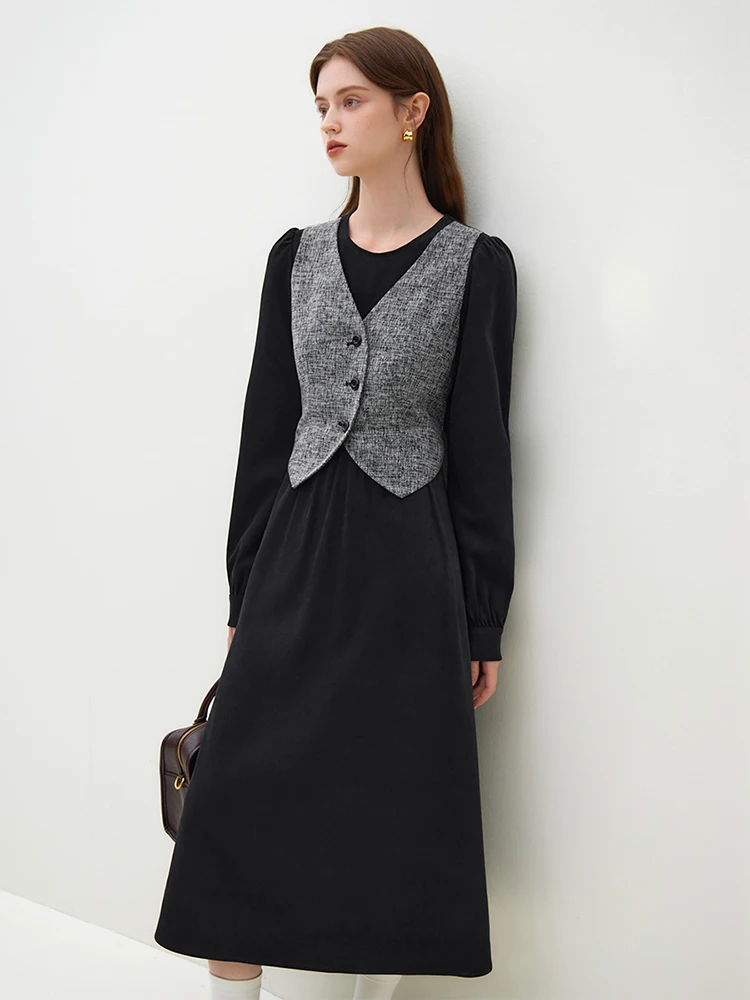 FSLE Fake Two Design Women Temperament Long Dresses Patchwork Black Puff Sleeve 2023 Winter Mid-Length Female Dress