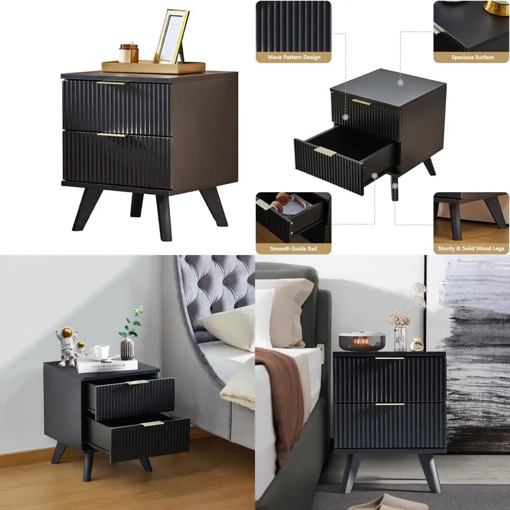 

Комод в стиле Mid-Century Modern с 2 ящиками, компактная тумбочка с местом для хранения для спален, гостиных и детских комнат (черный)