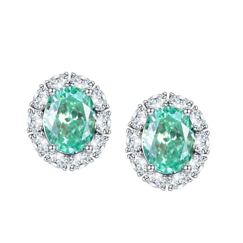 N Paraiba High Carbon Diamond Oval 7 * 9mm Ice Flower Cut Ladies Sterling Silver Stud Earrings