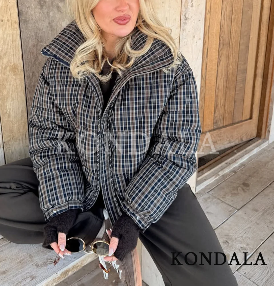 KONDALA Trendy Vintage Plaid Padding Jacket Women Stand-up Collar Zipper Jacket 2026 Fall Winter Chic High Street Casual Jacket view 3