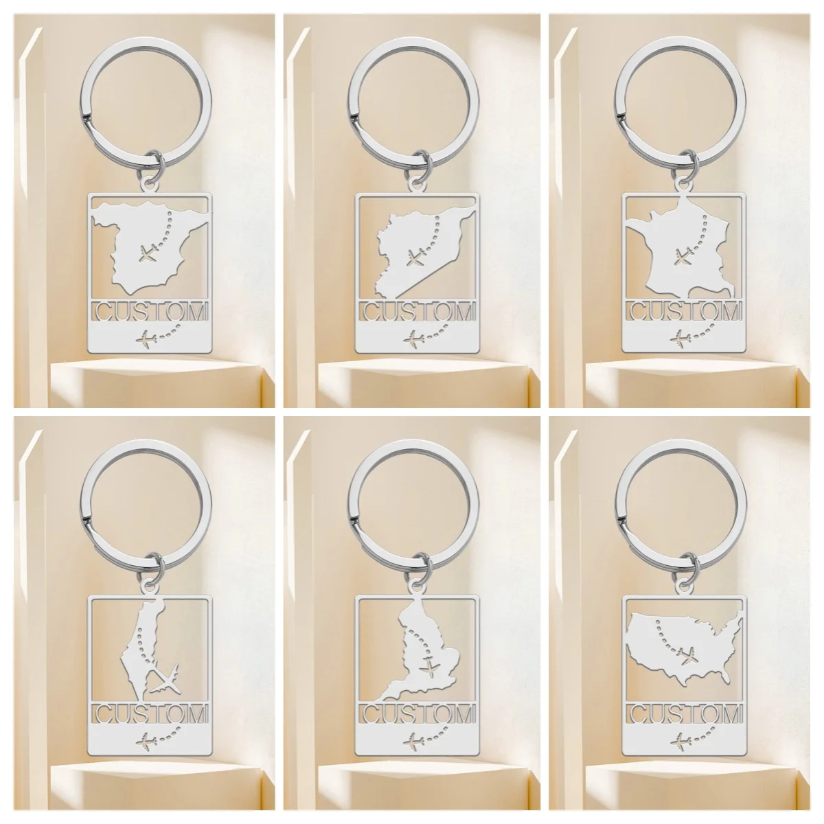 Jeshayuan Customized Stainless Steel America Map Keychain Personalized Syria Map Pendant Keychain Travel Plane Country Map Gift