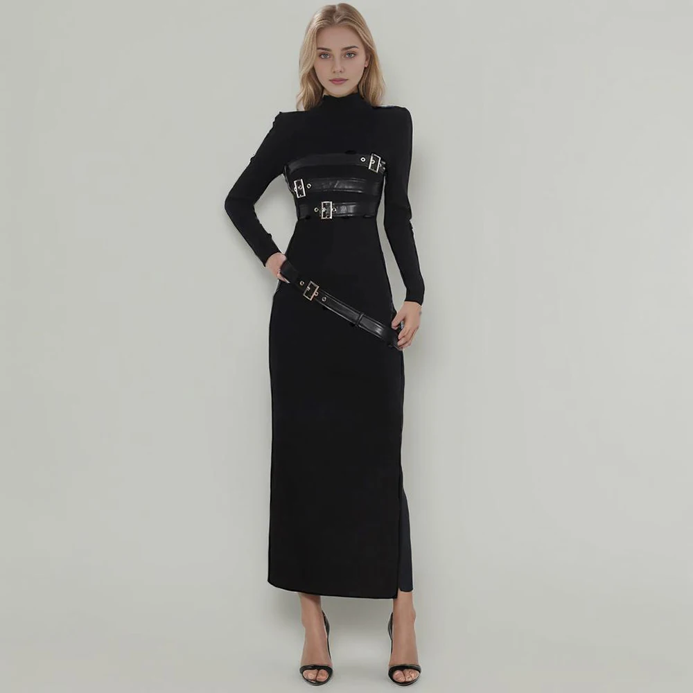 Spliced Belts Women\'s Dresses Turtleneck Long Sleeve High Waist Tunic Solid Slimming Split Maxi Dress Female Autumn