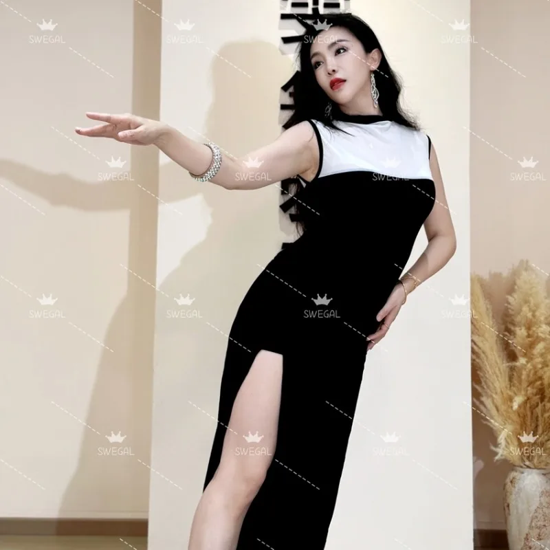 Swegal personalizado terno de dança do ventre vestido de prática traje de dança oriental preto modal emenda vestido de malha branca