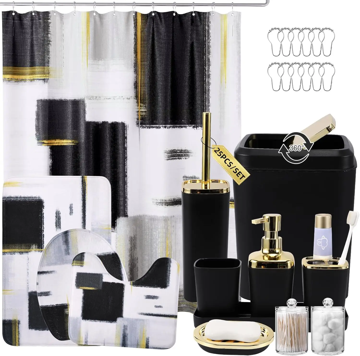 

Black Bathroom Accessories Set with Shower Curtain, Rugs, Trash Can & Soap Dispenser - Complete Home Decor