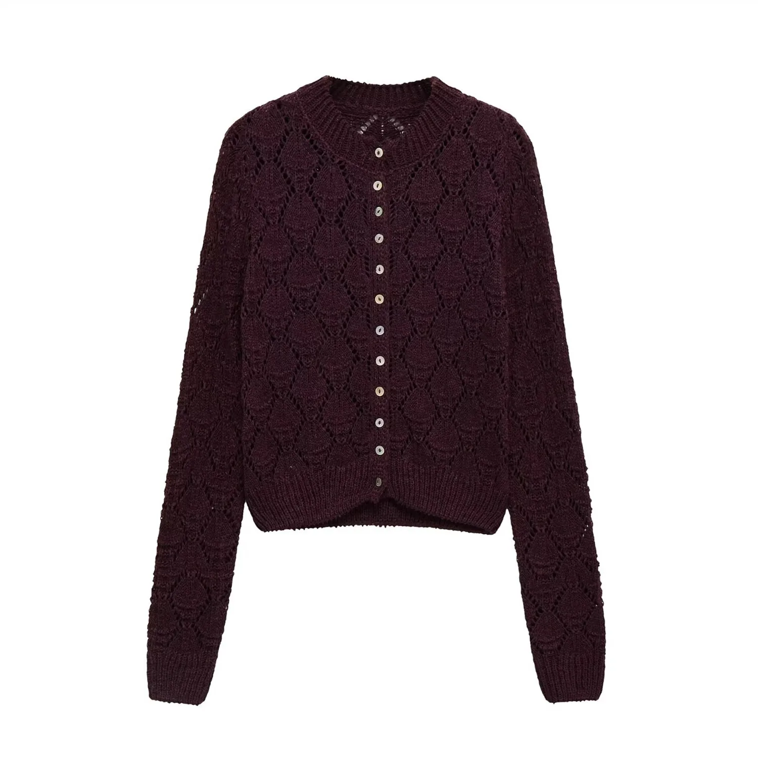 

PB&ZA2025 Autumn New Women's Solid Color Casual Style Round Neck Long Sleeve Hollow Mesh Knitted Jacket Top