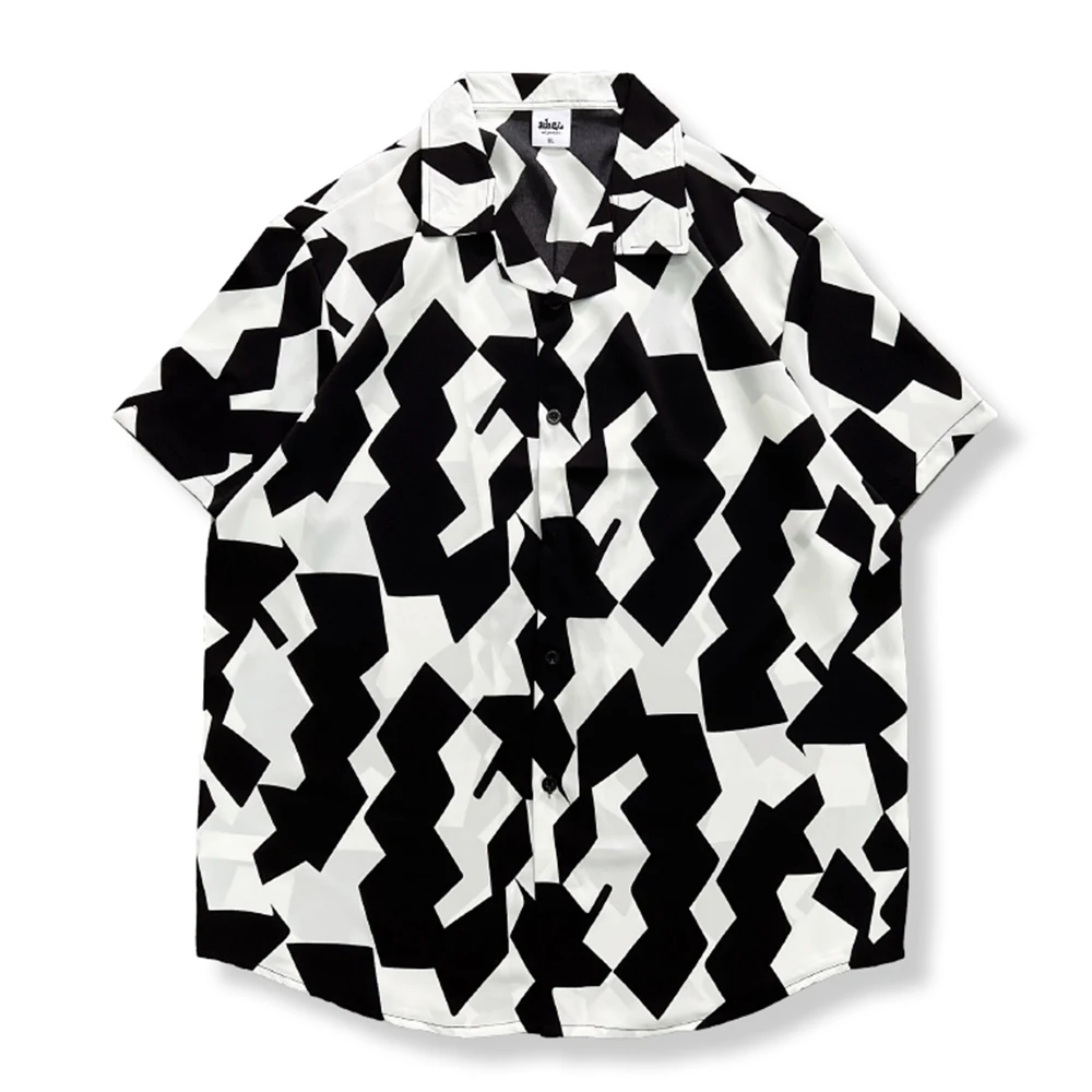 

Гавайская Мужская рубашка с геометрическим принтом, с воротником на пуговицах, коротким рукавом и изогнутым подолом, лето 2023