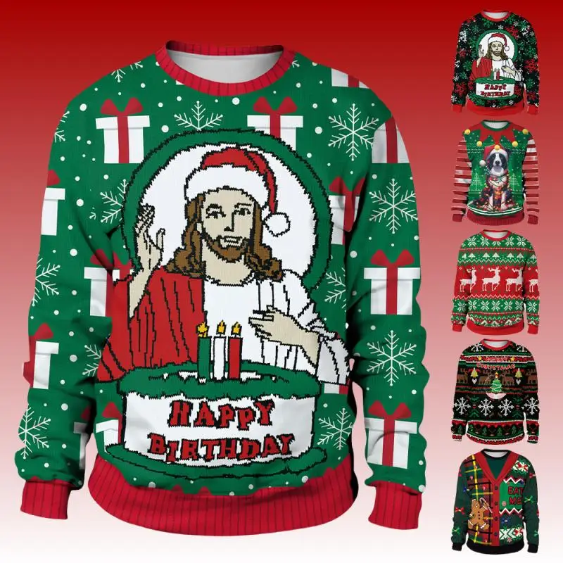 Happy Birthday Jesus Cosplay Ugly Christmas Sweatshirt Xmas Tree and Puppy Pullover Holiday Party Costumes Couple Clothes