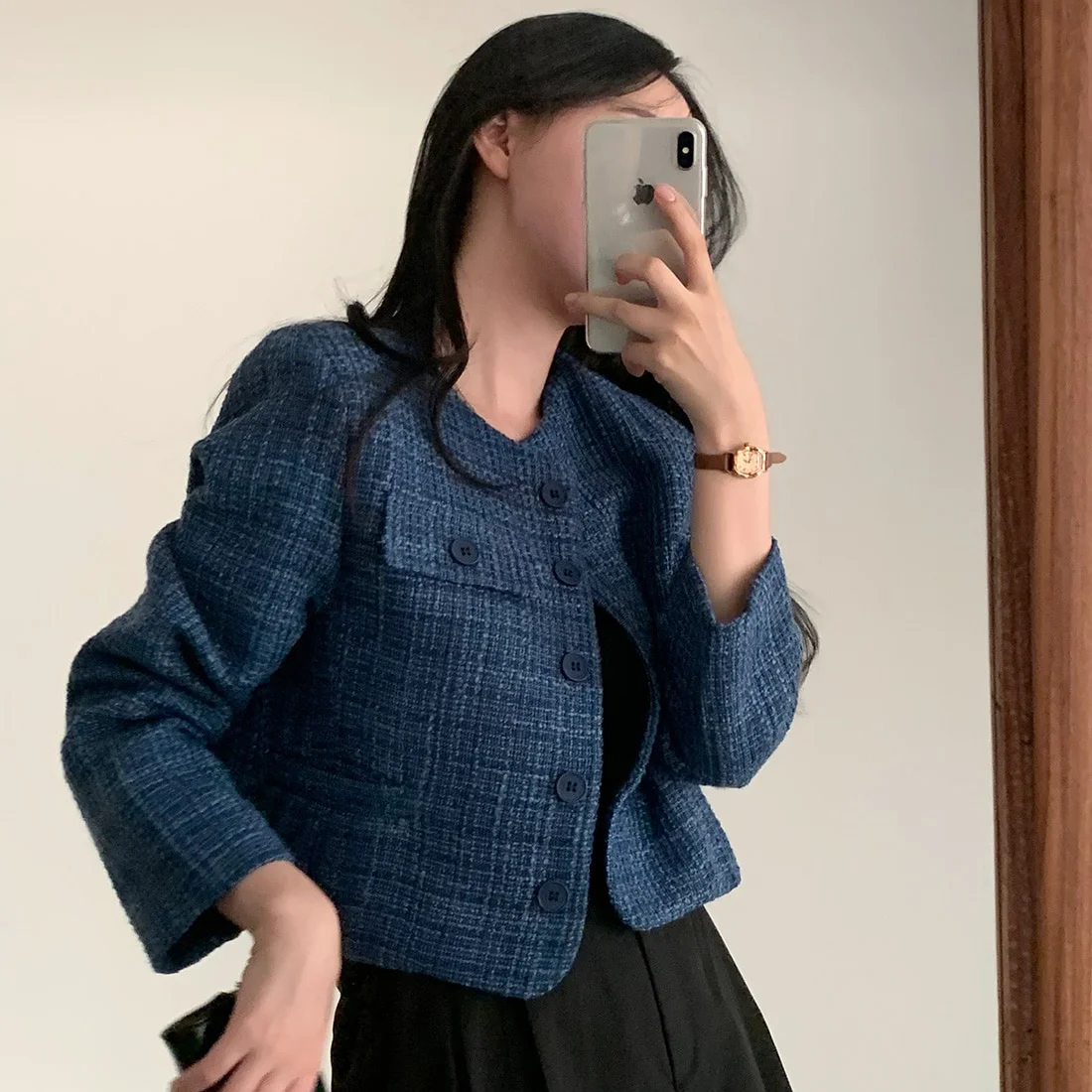 Autumn Vintage Fragrant Jacket Single Breasted Loose Long Sleeved Plaid Woolen Short Women Coats