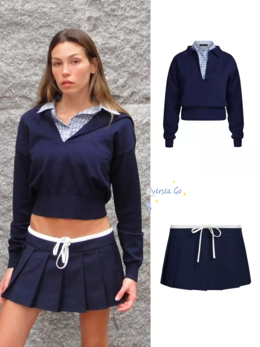 

Lion American Sle Patchwork Collar Knitted Top Low Waist Pleated ort Skirt Set Women's Cotton Long Sve Commute...