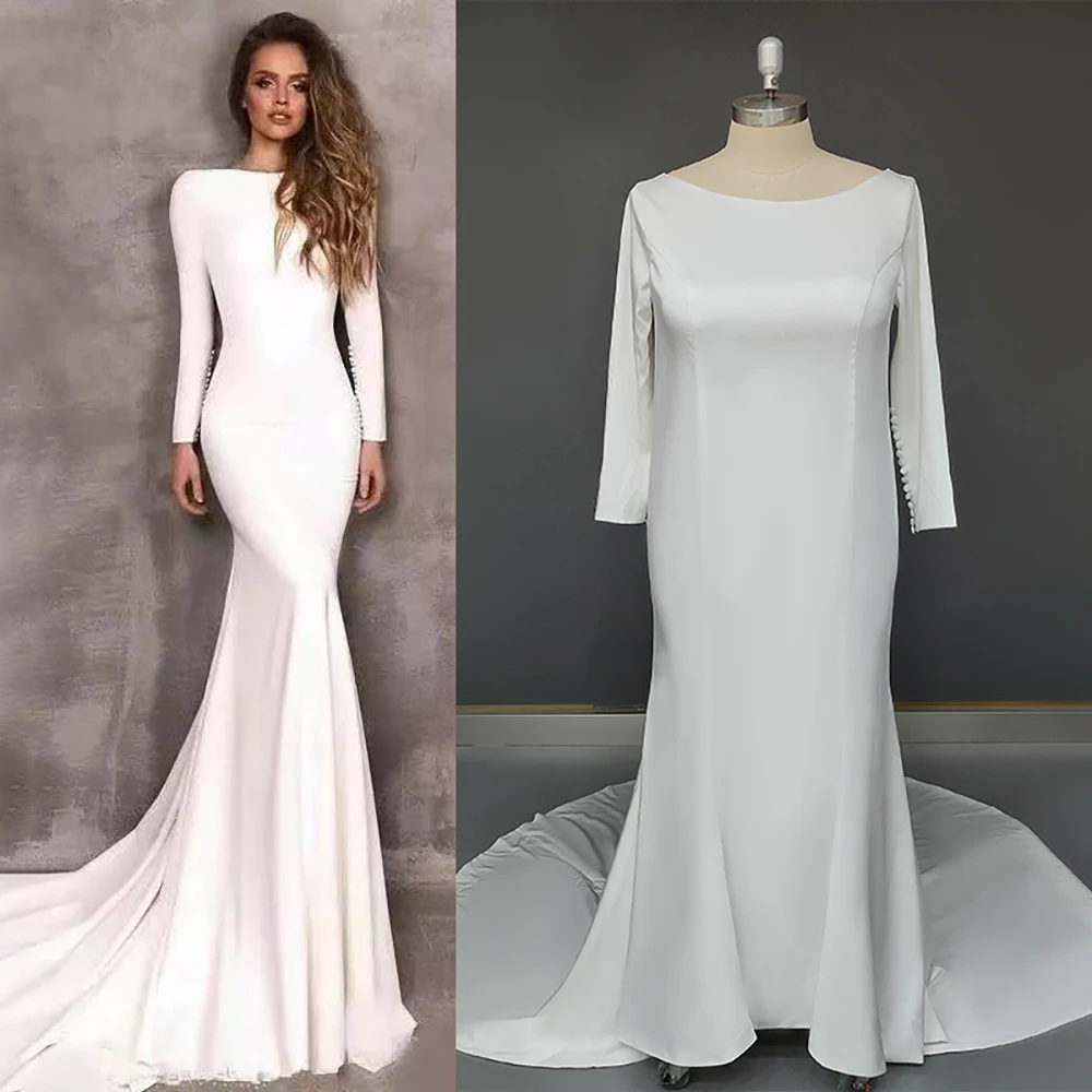 Vestido de novia sencillo de sirena, prenda de novia con mangas largas ajustadas y Espalda descubierta, con botones de marfil