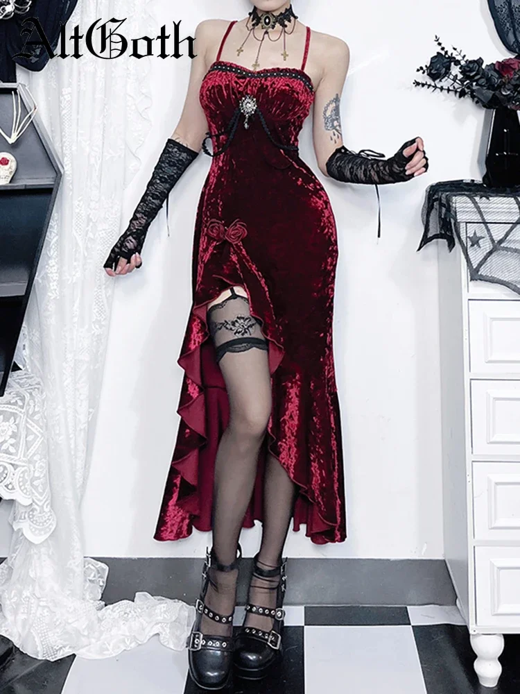 AltGoth Mall Goth Red Velvet Dress Women Aesthetic Fairycore Spaghetti Strap High Waist Split Dress Elegant Evening Partywear